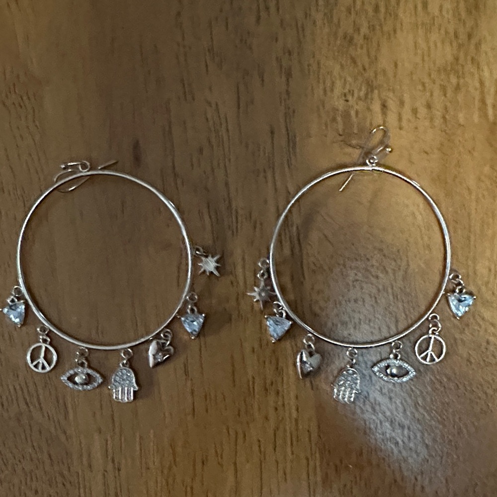 Goldtone Hoop Earrings with Charms. Hamsa, Evil Eye, Peace, Heart.